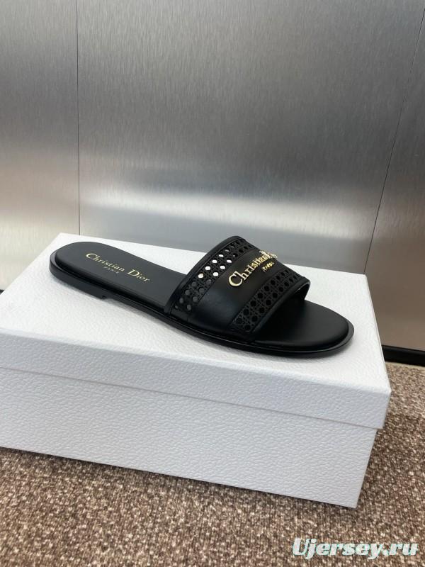 2025 Women Dior Black Leather Slides