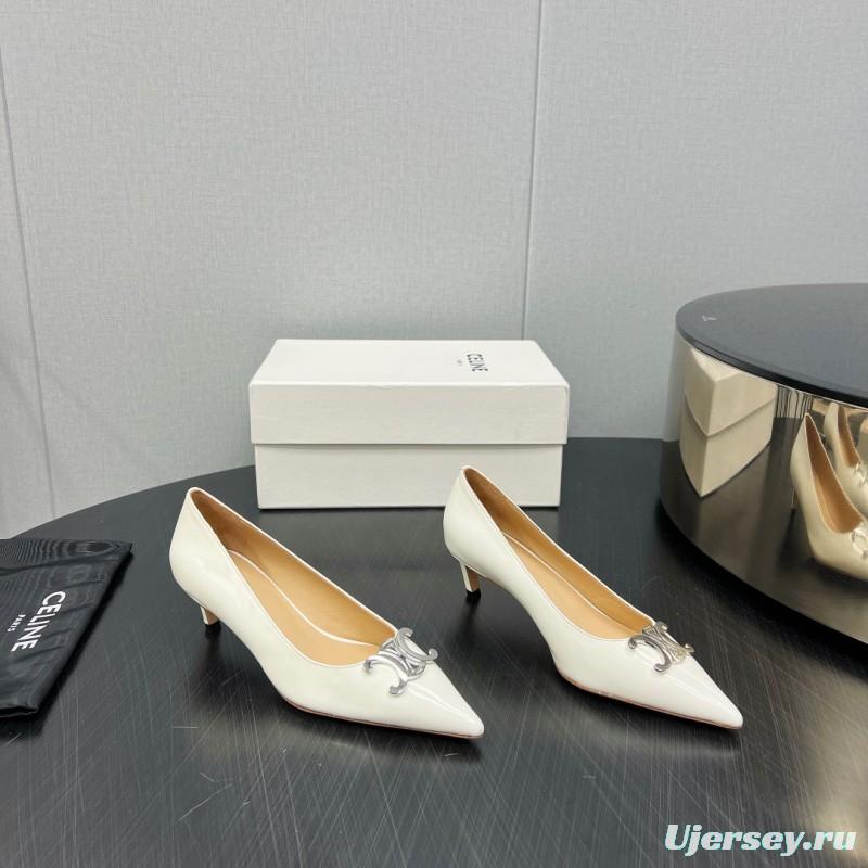 2025 Women Celine White Leather Pointed Toe Kitten Heel KFY00290