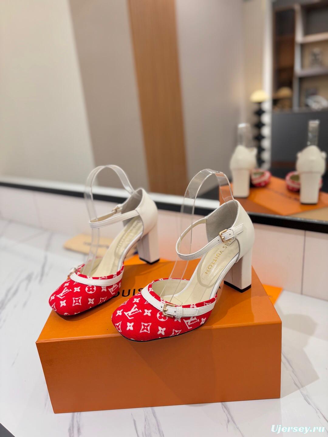 2025 Women Louis Vuitton Red White Denim Leather Heeled Sandals KFY00310