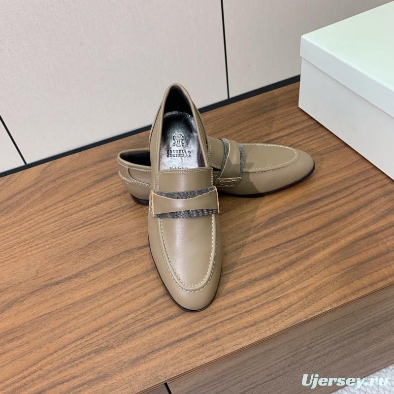 2025/Women Brunello Cucinelli Almond Leather Loafers Handmade Chain Detail LY00360(F)