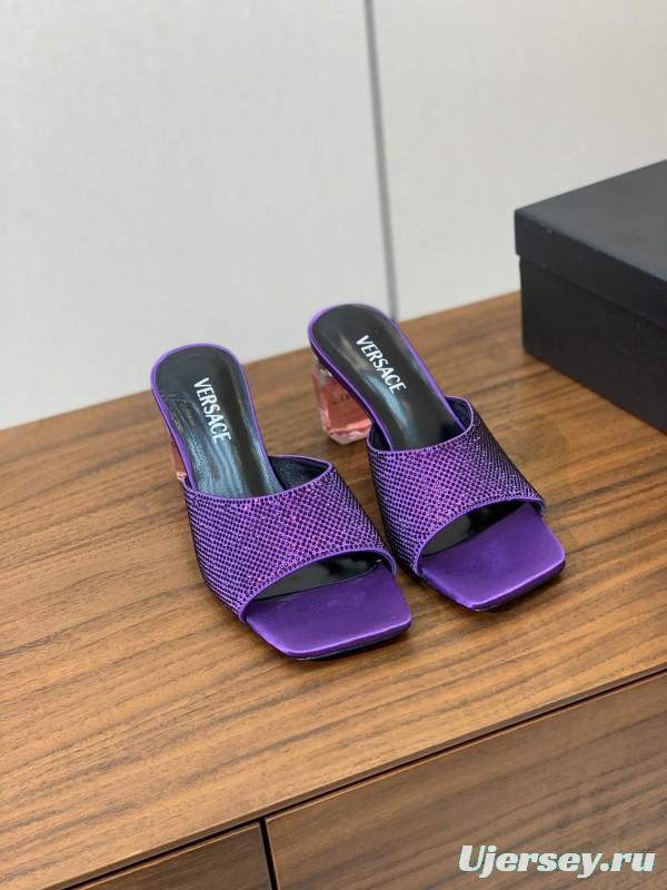 2025 Slippers VERSACE Purple Silk Rhinestone