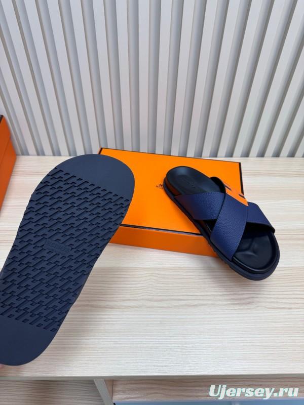2025 Slippers Hermès Navy Orange Leather Cross Strap