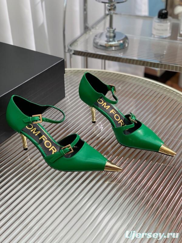 2025 Women TOM FORD Green Gold Leather Pointed Toe Mary Jane KFY00320