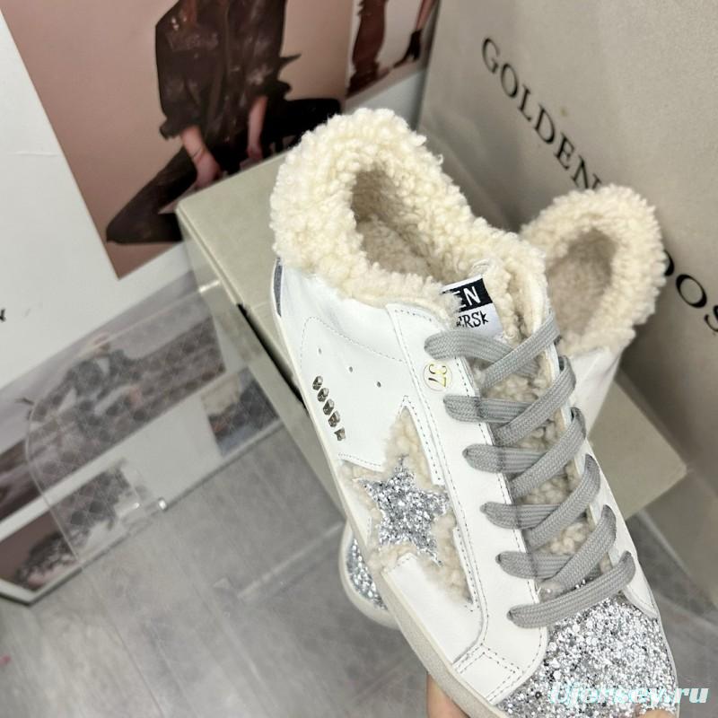 2025 Women GGDB White Gray Shearling Leather Sneakers