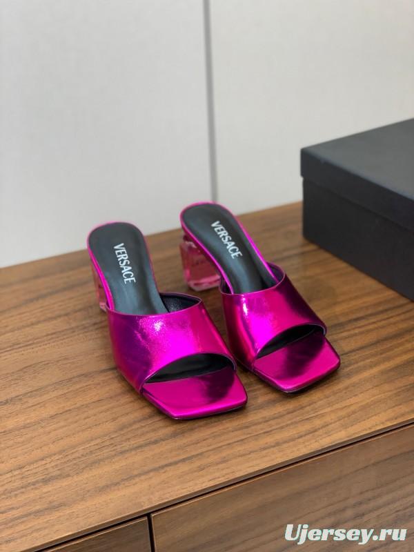 2025 Women VERSACE Pink Leather Slippers