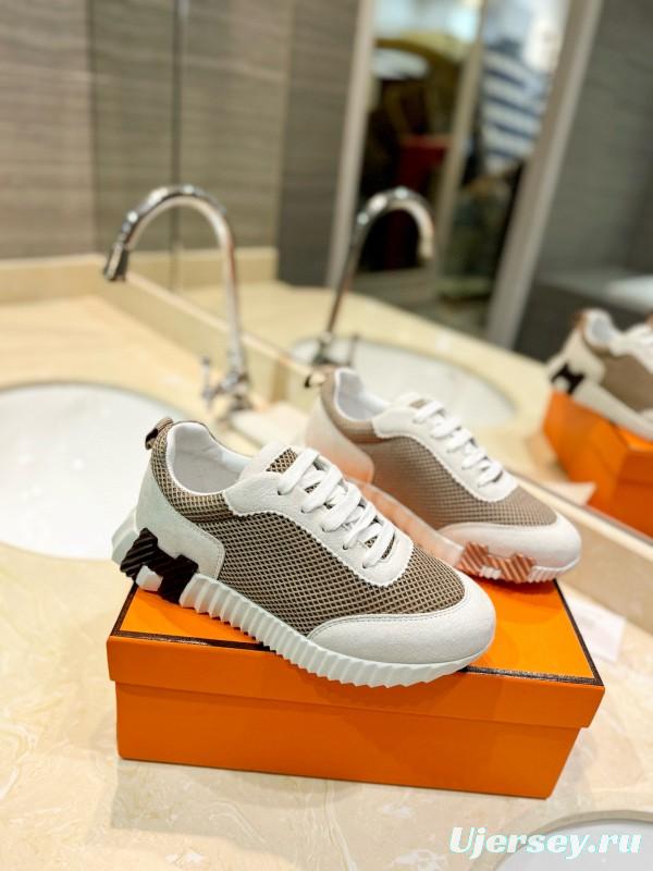 2024 Women Hermès beige white mesh leather sneakers