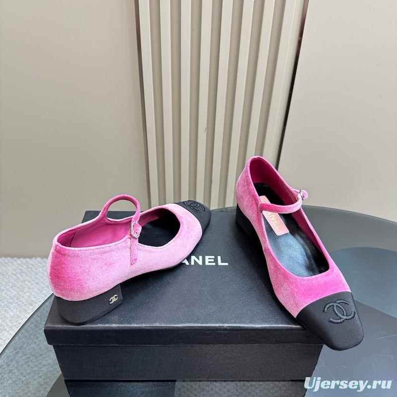 2025 Women Chanel Pink Black Velvet Mary Jane Shoes