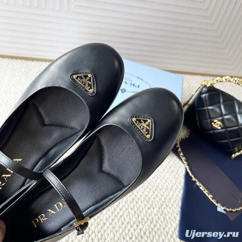 2025 Women Prada Black Leather Mary Jane Flat