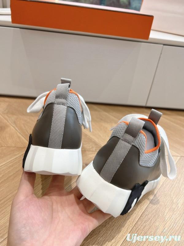 2024 Unisex Hermès Beige Grey Orange Black Leather Suede Knit Sneakers MJ00290