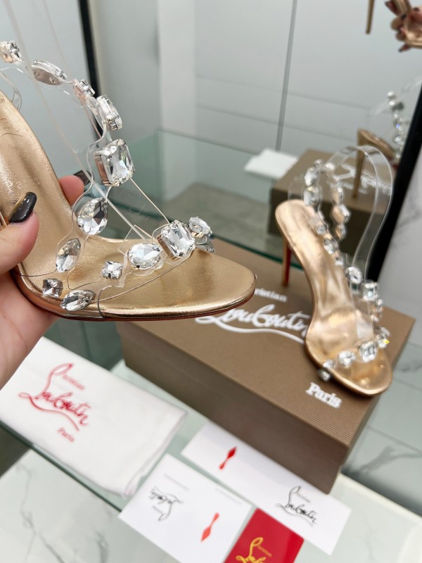 2025 Women Christian Louboutin Gold PVC Crystal High Heel Sandals LY00300