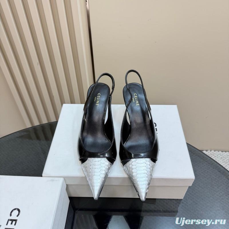 2025 Women CELINE Black White Leather Slingback Heels KFY00310