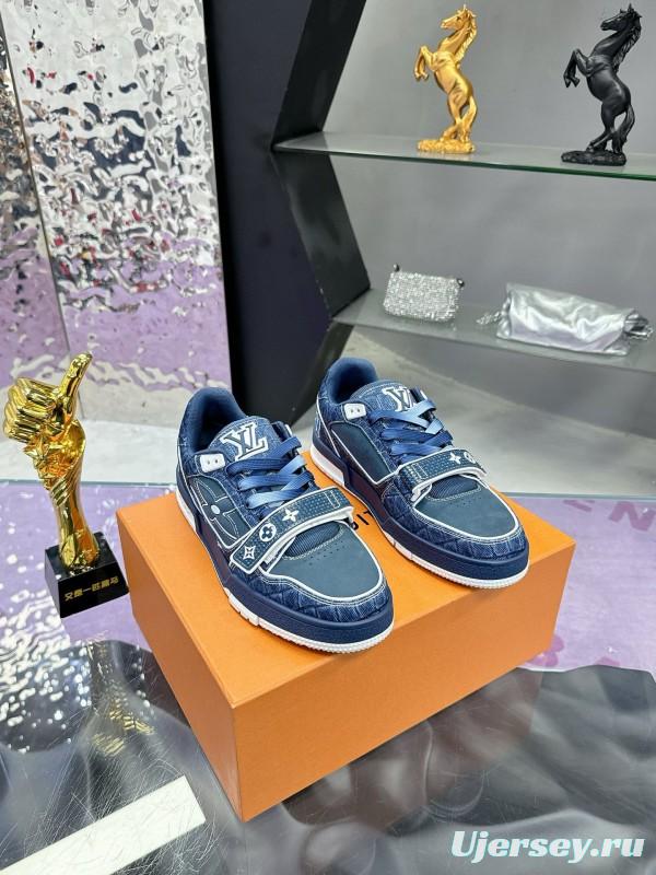 2024 Men Louis Vuitton Blue Denim Calfskin Silk Plimsolls Washed MJ00410