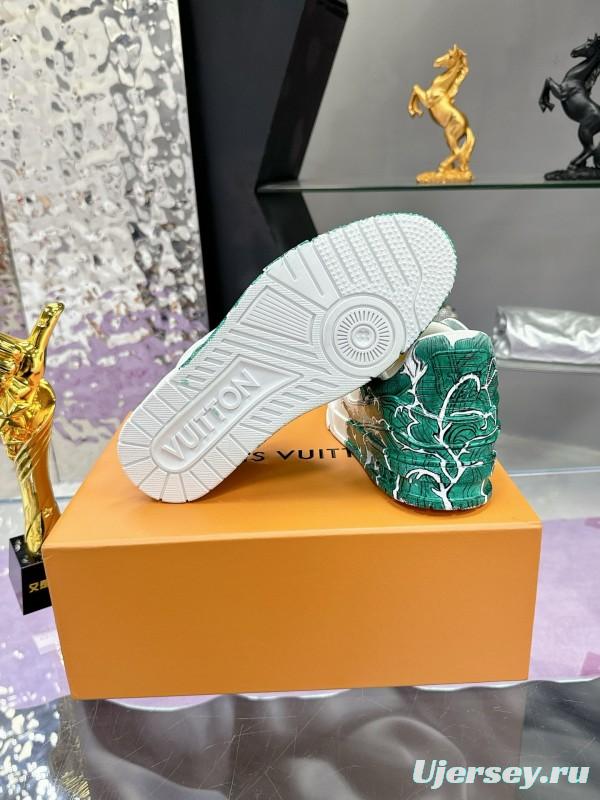 2024 Unisex Louis Vuitton Green White Leather Plimsolls Hand-Painted MJ00780