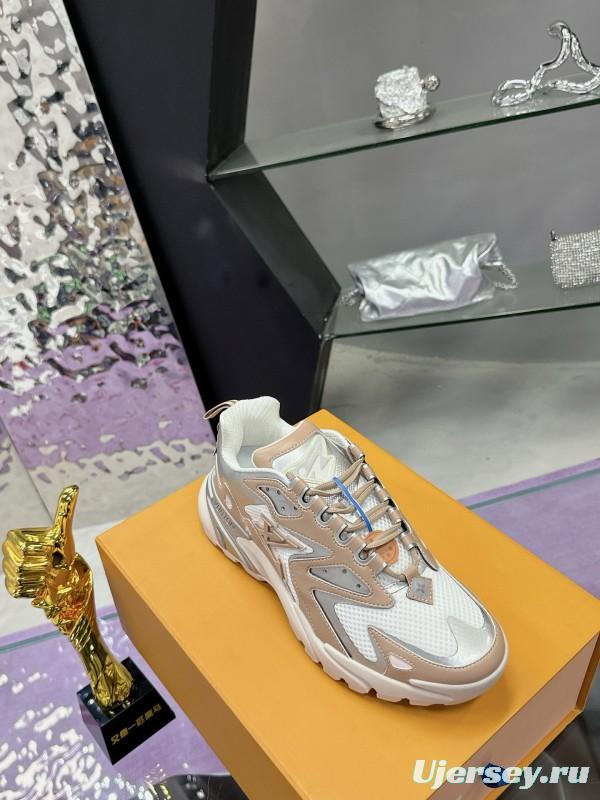 2025 Men Louis Vuitton Gradient Color Beige White Mesh Leather Sneakers MJ00420
