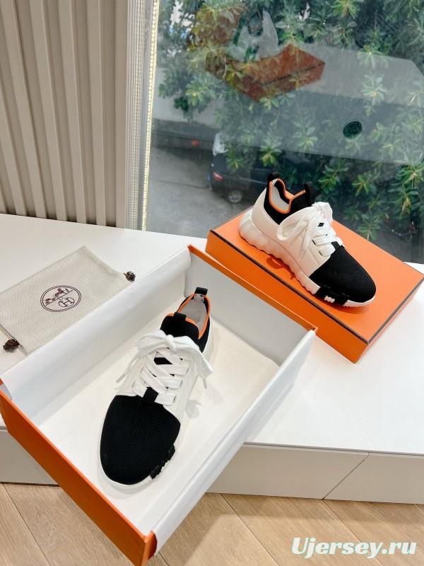 2024 Unisex Hermès Black White Orange Calf Leather Suede Knit Sneakers MJ00290
