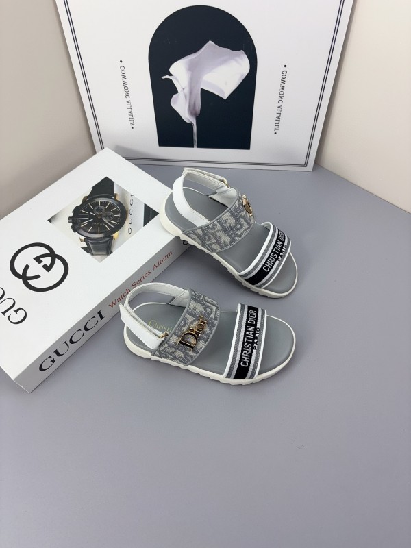 2025 Kids Dior Gray Black Canvas Leather Sandals