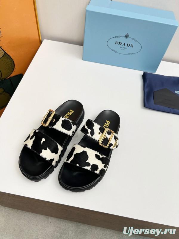 2025 Women Prada Black White Calf Hair Leather Sandals LY00260