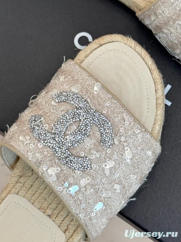 2025/Women Chanel White Lace Espadrille Slides With Sequined CC Logo KFY00240(F)
