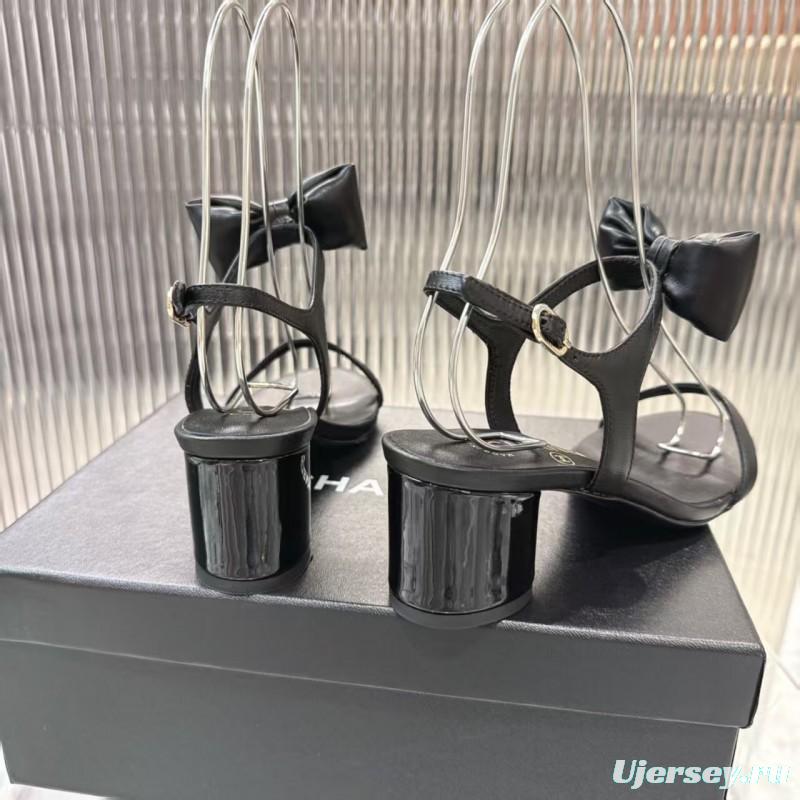 2025 Women Chanel Black Lambskin Bowknot Sandals LY00260