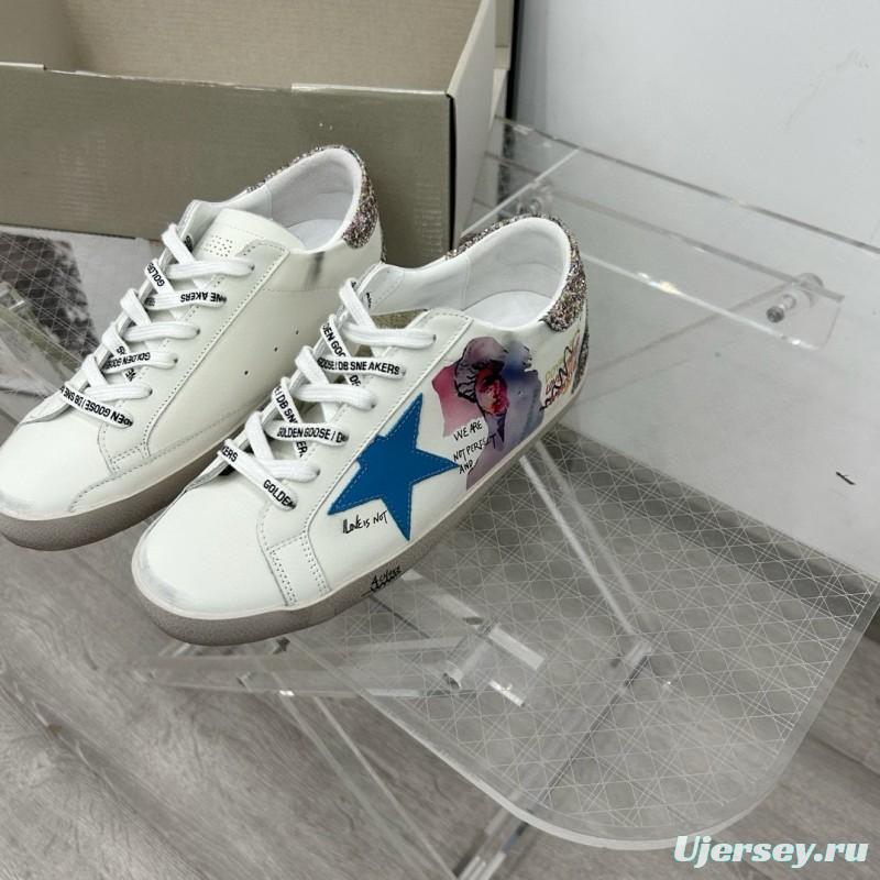 2025 Women GGDB White Blue Leather Sneakers