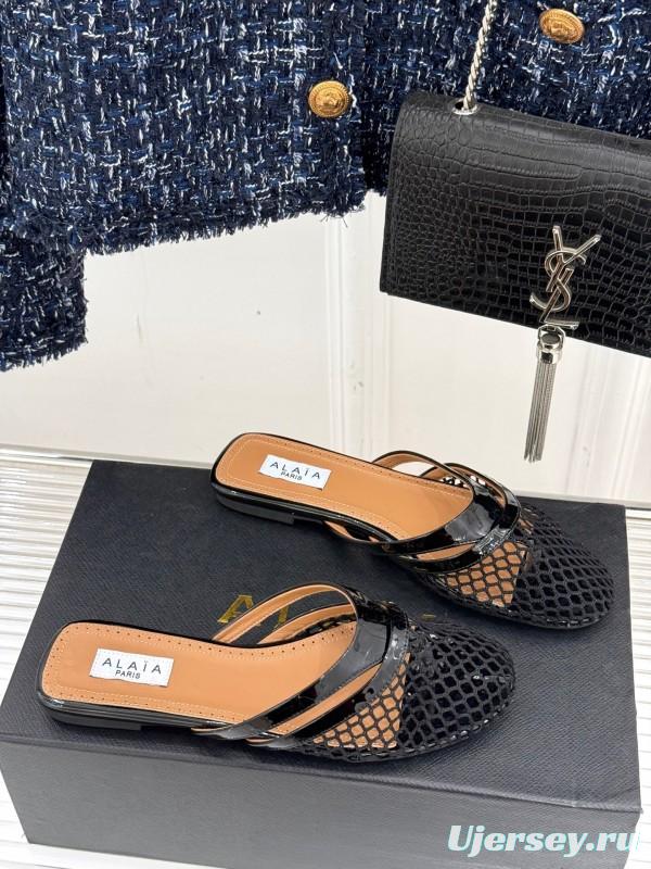 2025 Women AlAIA Black Leather Mesh Flat Mule KFY00260