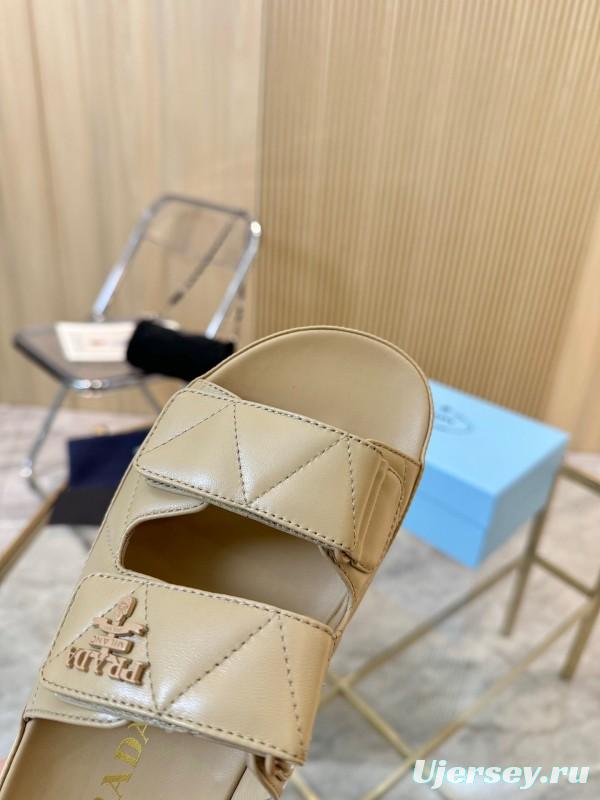 2025 Women Prada Beige Leather Sandals LY00270