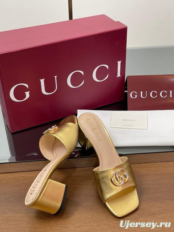 2025 Women Gucci Gold Leather Mules Block Heel