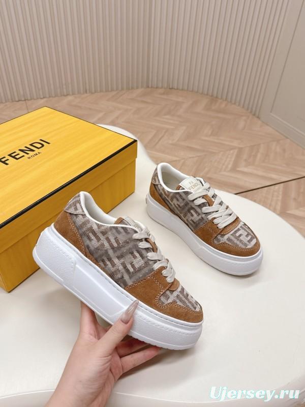 2025 Women Fendi Brown Beige Leather Mesh Sneakers LY00340