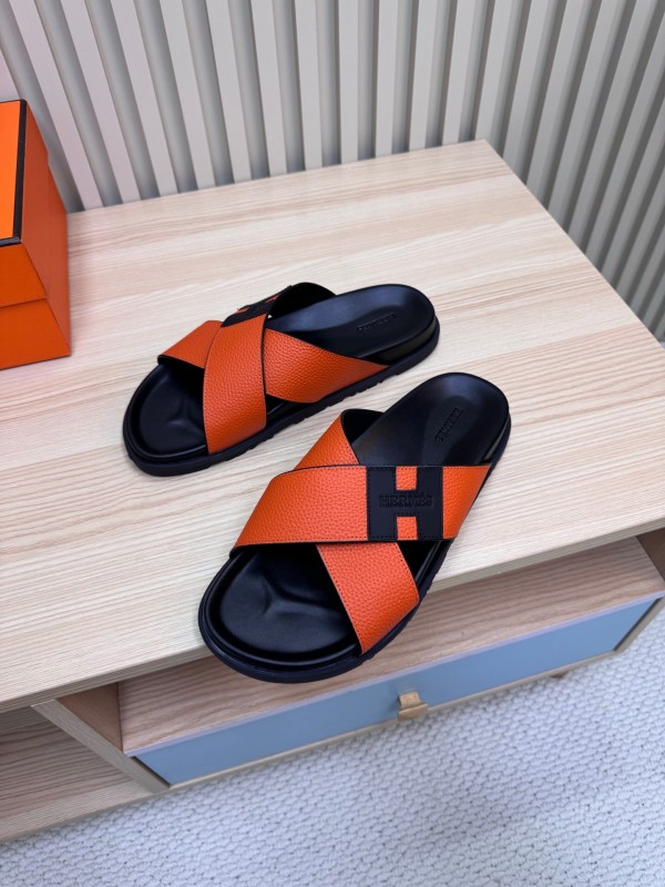 2025 Slippers Hermès Orange Black Leather Slippers