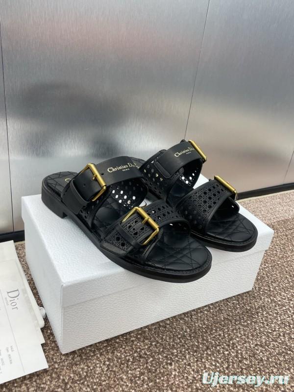 2025 Women Dior Black Leather Sandals Buckle LY00300