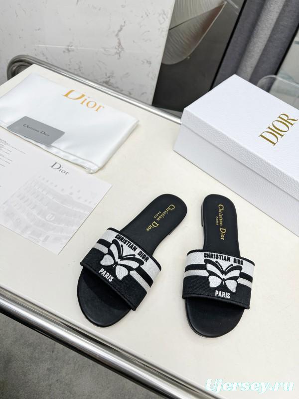 2025 Women Dior Black White Embroidery Slippers LY00170