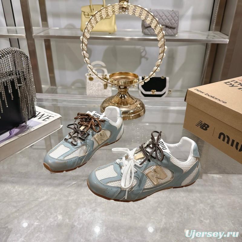2025 Women Miumiu Light Blue White Leather Mesh Sneakers