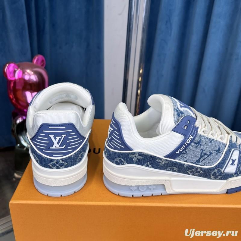 2025 Men Louis Vuitton Blue White Denim Leather LV Trainer
