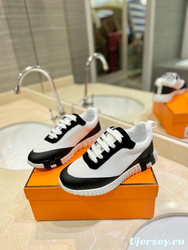 2024 Unisex Hermès Black White Silk Leather Mesh Sneakers MJ00320