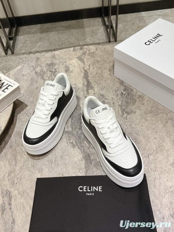2025 Women Celine Black White Leather Platform Sneakers KFY00330