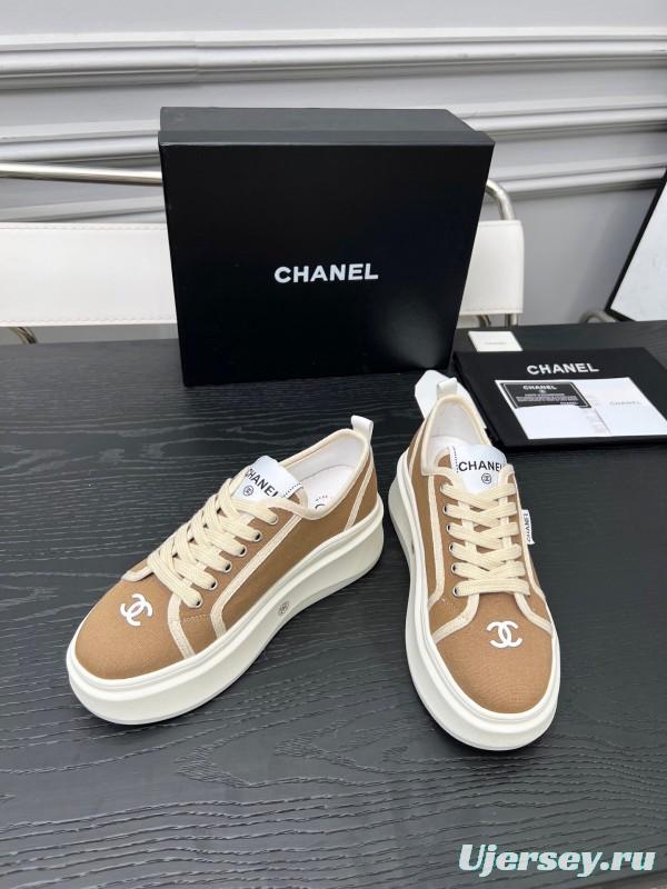 2025 Women Chanel Beige Canvas Leather Sneakers Collaboration LY00250