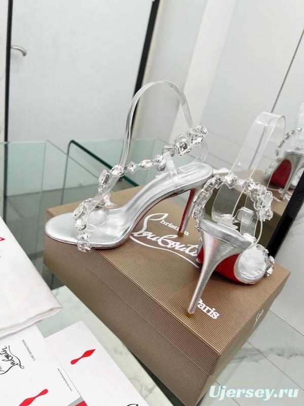 2025 Women Christian Louboutin Silver PVC Crystal High Heel Sandals LY00300