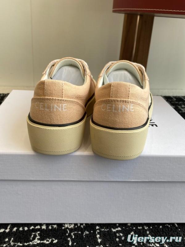 2025 Women Celine Beige Canvas Leather Platform Sneakers