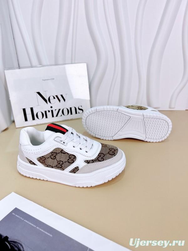 2024 Kids Gucci White Brown Cotton Leather Sneakers