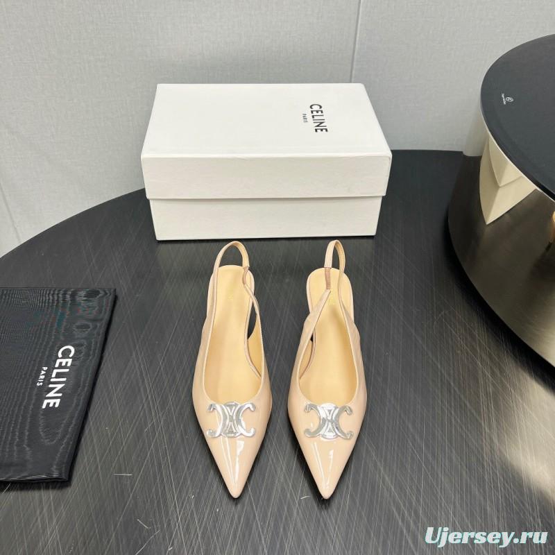 2025 Women Celine Beige Leather Slingback Shoes Metal Buckle