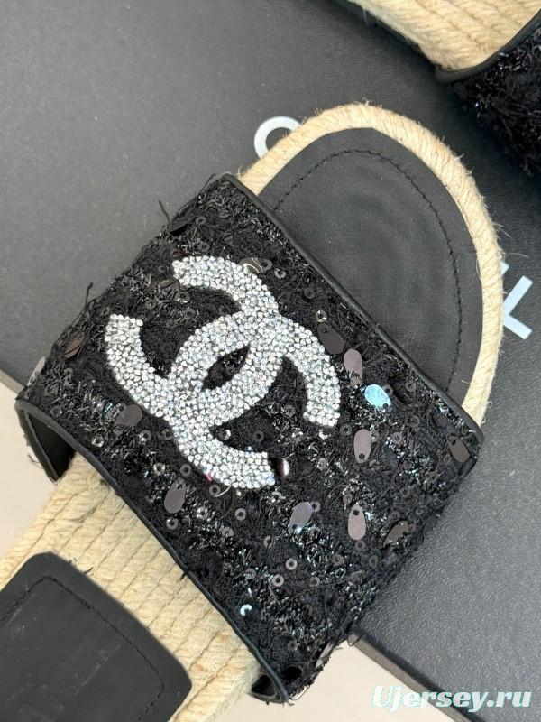 2025 Women Chanel Black Sequin Espadrille Slides Classic Double C Logo Handmade Braided Sole KFY00240(F)