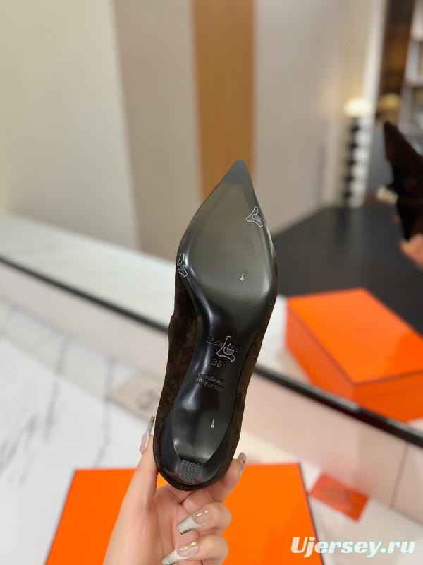 2025 Women Hermès Black Suede Mary Jane Shoes KFY00330