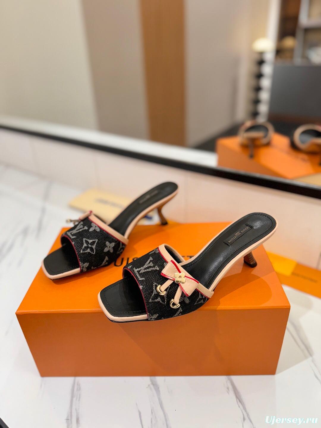 2025 Women Louis Vuitton Black Beige Denim Sandals LV Element KFY00310