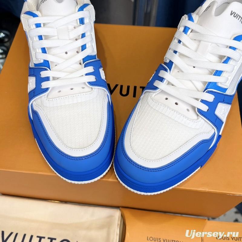 2025 Men Louis Vuitton White Blue Leather Trainer
