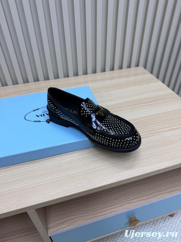 2025 Women Prada Black Leather Loafers Studded LY00340