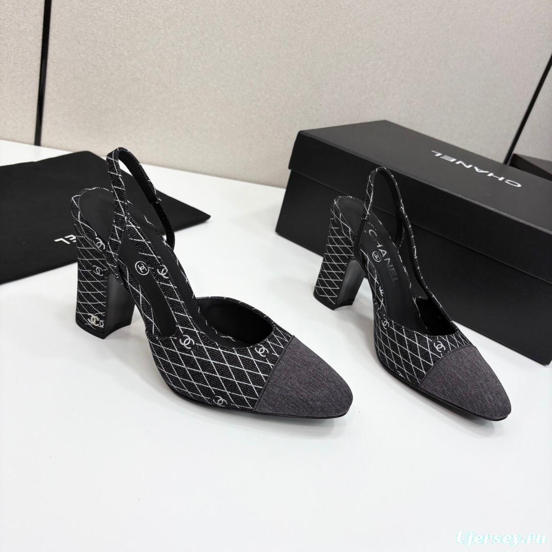 2025 Women Chanel Black Grey Fabric Slingback Heels LY00270