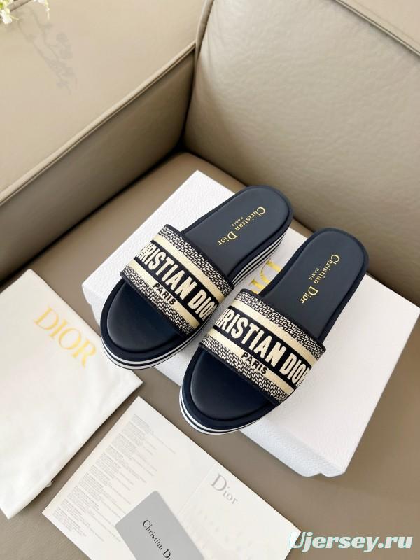 2025 Women Dior Navy White Canvas Platform Slippers LY