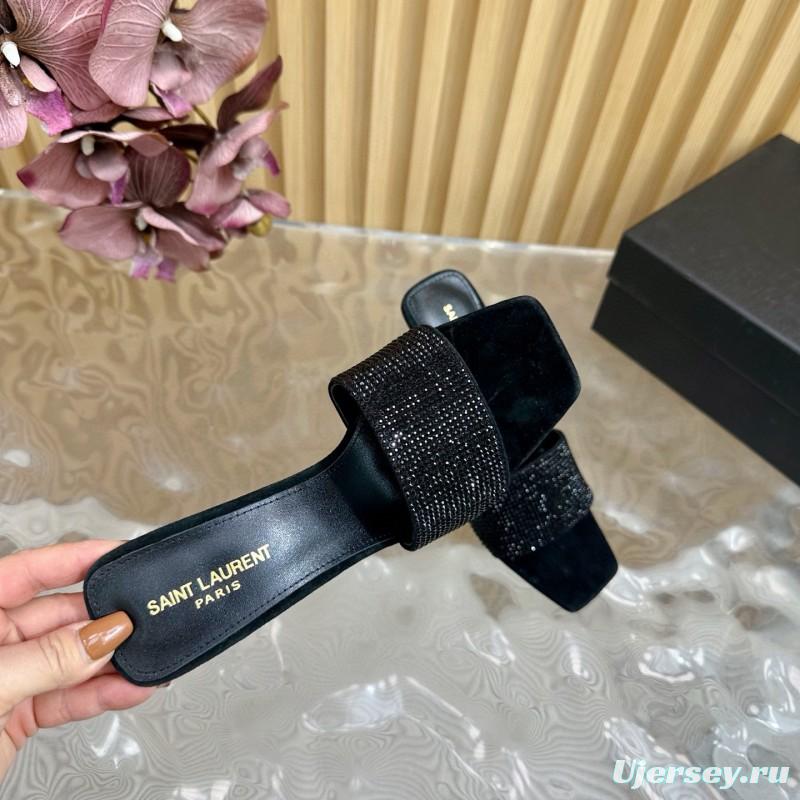 2025 Women Yves Saint Laurent Black Rhinestone Leather High Heel Sandals MJ00300