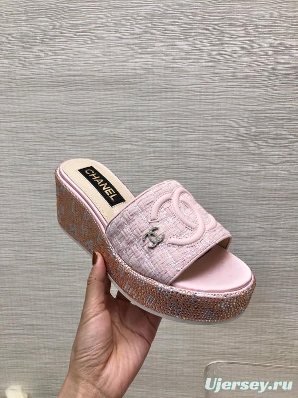 2025 Women Chanel Pink Tweed Platform Slippers LY00320