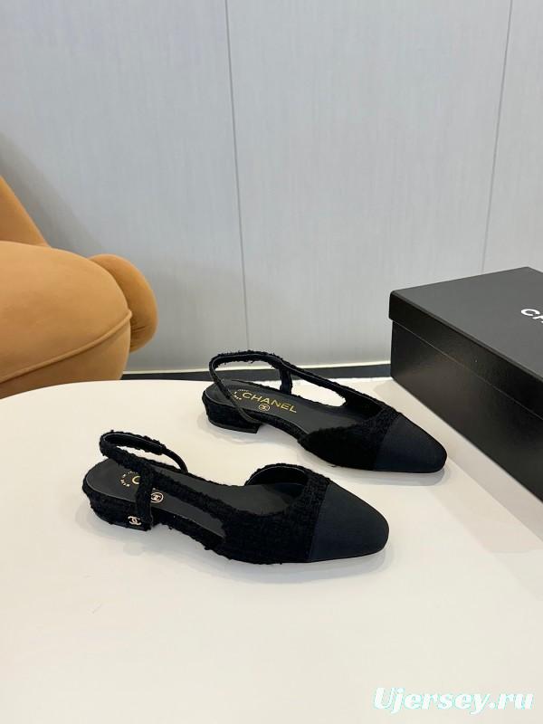 2025 Women Chanel Black Leather Bouclé Ballet Flats LY00240